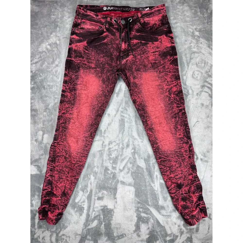 Jordan Craig Mens Slim Fit Acid Wash Jeans Red Black Drawstring 36x32 JJ211
